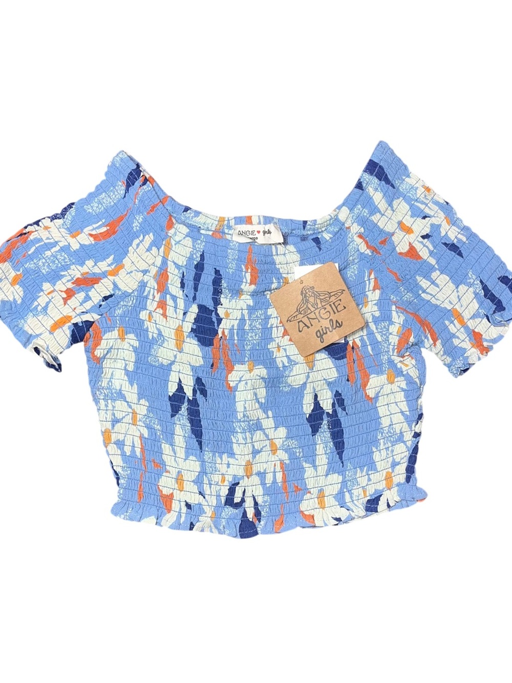 Angie Girls Shirt Crop Fitted Blue White Orange Smocked Large NWT